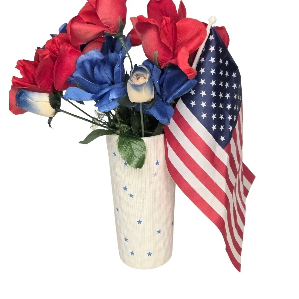 Blue Stars Ceramic Flower Vase Americana‎ Patriotic Decor or New Baby Boy Birth